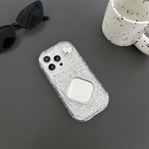 Custodia per iPhone con glitter, dettaglio a cuore e specchio cosmetico integrato