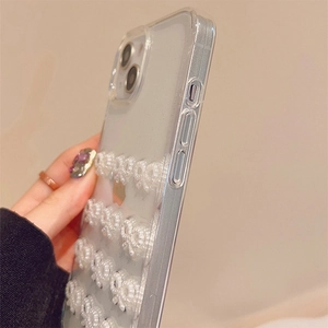 Detail of glitter iPhone case featuring three rows of elegant white pearl ribbon bows