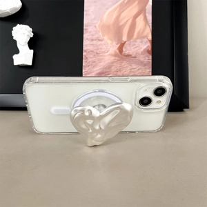 Sleek metallic silver heart collapsible phone grip stand with fluid rippled texture