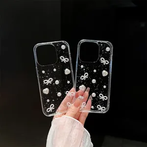 Elegant Transparent Phone Case With Silver Foil Faux Artificial Pearl Resin Bow Heart Glitter Sweet Style Protective Cover For Women