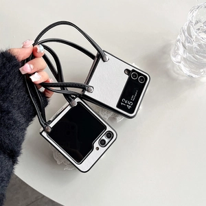 Detail of cross-pattern leather phone case with lanyard for Galaxy Z Flip series