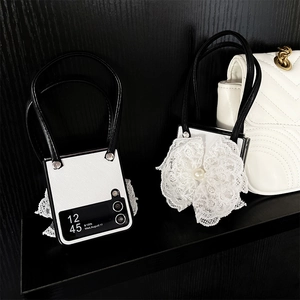 Lace bow and pearl embellishments on premium leather folding case for Samsung Z Flip