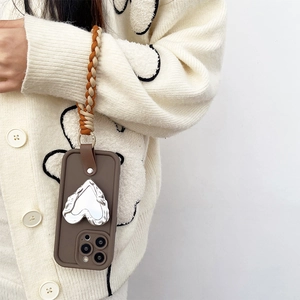 Brown heart mirror phone case for iPhone with woven wrist strap and camera protection