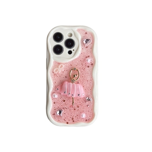 Pink glitter ballet girl phone case for iPhone 16 Pro Max with 3D pearls and rhinestones