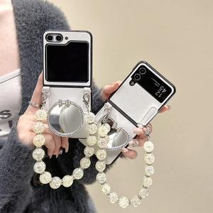 White leather phone case for Samsung Z Flip with makeup mirror and pearl bead chain