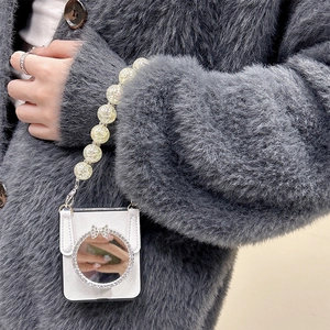 White leather fold phone case with rhinestone mirror and glitter bead charm for Samsung