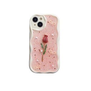 Rosa Glitzer Hülle für iPhone mit 3D Tulpe, weißen Perlen und eleganter Schleife