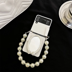 White litchi leather case for Z Flip with makeup mirror and pearl handle chain