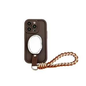Brown iPhone case with oval makeup mirror and matching braided hand strap lanyard