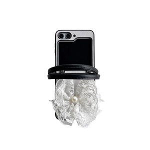 Lace bow phone case for ZFlip5 with pearl accent and leather hand strap on white background