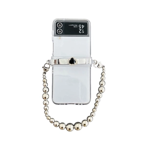 Transparent Samsung Z Flip 6 case with silver chain and heart gemstone decoration