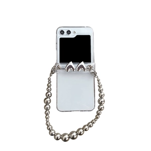 Transparent Z Flip 6 case with silver bead chain strap and heart charms decor
