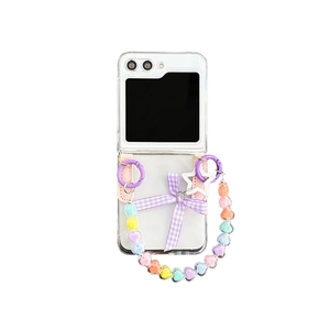Clear folding phone case for Samsung Z Flip 6 with purple bow and colorful heart chain