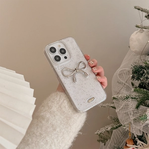Custodia glitter per iPhone 15 Pro Max con fiocco in metallo 3D e finitura bianco mica