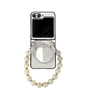 White leather phone case for Samsung Z Flip with makeup mirror and yellow bead chain