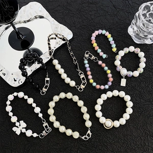 Phone Lanyard Wrist Strap Beaded Artificial Pearl Chain PVC Alloy Leather Bow Anti-Lost Handheld Ornament For Women Elegant