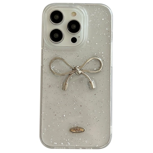 Custodia iPhone trasparente glitterata con fiocco argento e targa Love Is Forever