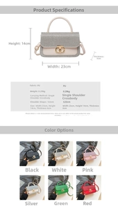 Detailed size and color guide for a retro PU leather handbag with metallic glitter flap