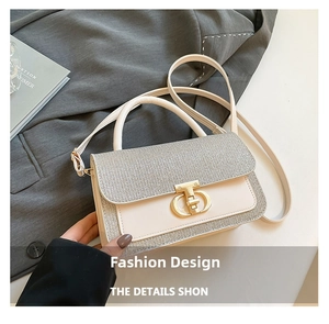 Detail of glitter patchwork lady handbag with CD logo lock and beige leather texture