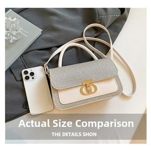 Detail of a beige leather handbag with silver glitter panels and gold clasp showing phone size