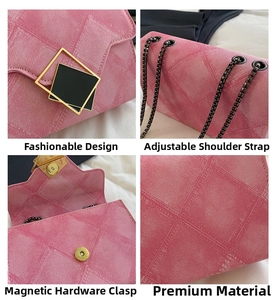 Detail of pink square bag showing metal buckle, chain strap, magnetic snap, and fabric texture
