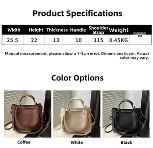 Detailed size specifications and color options for the minimalist square PU crossbody bag