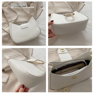 Detailed views of white PU leather crescent bag with magnetic closure and inner pocket