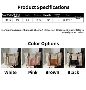 Size chart and color options for woven tote bag including white pink brown and black colors