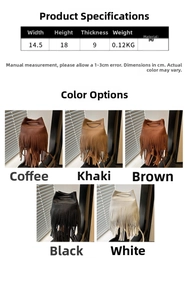 Detailed specs of tassel bucket bag in five colors with PU leather material and dimensions