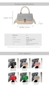 Detailed size chart and multi-color selection of the glitter buckle crossbody bag