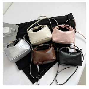 Flat lay of small crossbody dumpling bags in silver, beige, pink, brown, and black