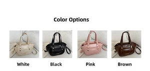 Detail view of four mini bucket bags in white, black, pink, and brown with gold rivets