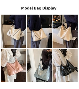 Collage of leather tote bags in cream, pink, and blue shown on a model for daily use