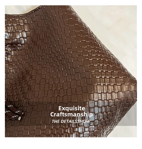 Macro view of dark brown woven leather texture with decorative striped drawstring details