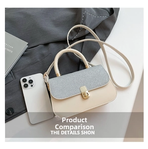 Detail of compact beige crossbody bag with silver sequin flap and gold clasp hardware