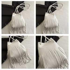 Detail shots of white bucket bag with tassels and pebble grain texture in a collage view