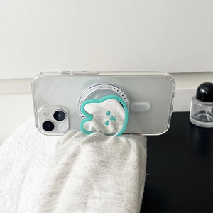 Détail d'un support ours mignon pour téléphone avec bordure menthe et texture grise