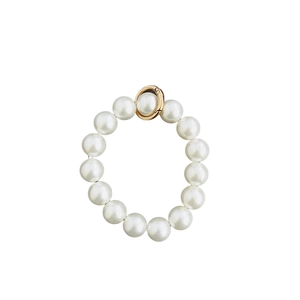 Elegant pearl phone lanyard with 14 white pearls and a gold metallic ring buckle charm