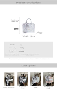 Detailed size chart and parameter overview for the stylish large capacity tote handbag