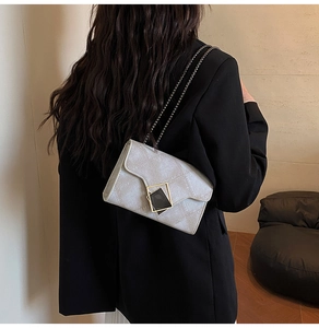 Detail of silver embossed crossbody bag with gold buckle and chain strap on a black blazer