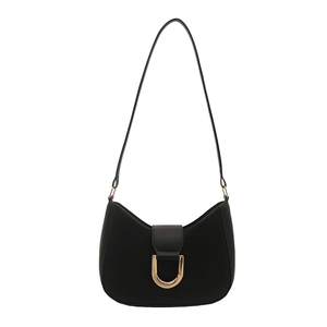 Chic black half-moon underarm bag for women with gold U-shaped buckle and slim shoulder strap
