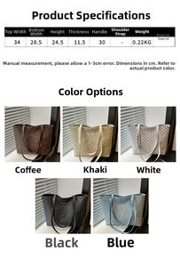 Detailed size guide and dimensions of the printed tote bag in five available colors
