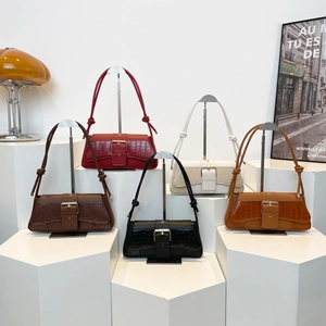 Minimalist faux crocodile leather shoulder bags with elegant metal buckles and knot details