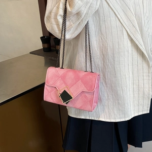Women Crossbody Bag Rhombic Embossed Synthetic Leather Chain Strap Geometric Buckle Trendy Small Square Flap Bag