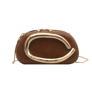 Coffee brown PU evening clutch with modern gold curved handle and fine chain strap