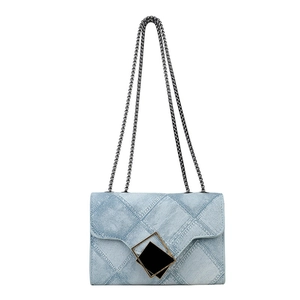 Blue denim gradient quilted handbag with stylish gold metal buckle and chain strap
