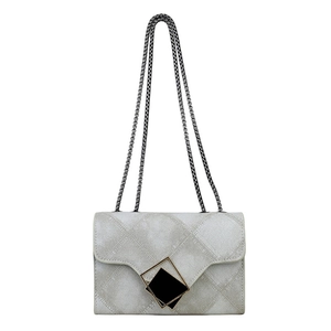 Chic silver-grey quilted PU leather crossbody bag with chain strap and geometric metal buckle