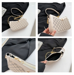 Detailed four-view display of beige monogram shoulder bag with gold chain and interior