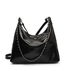 Glossy black hobo shoulder bag with silver chain detail for women minimalist casual tote bag