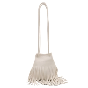 Retro cream white bucket bag with long fringe tassels and drawstring shoulder strap